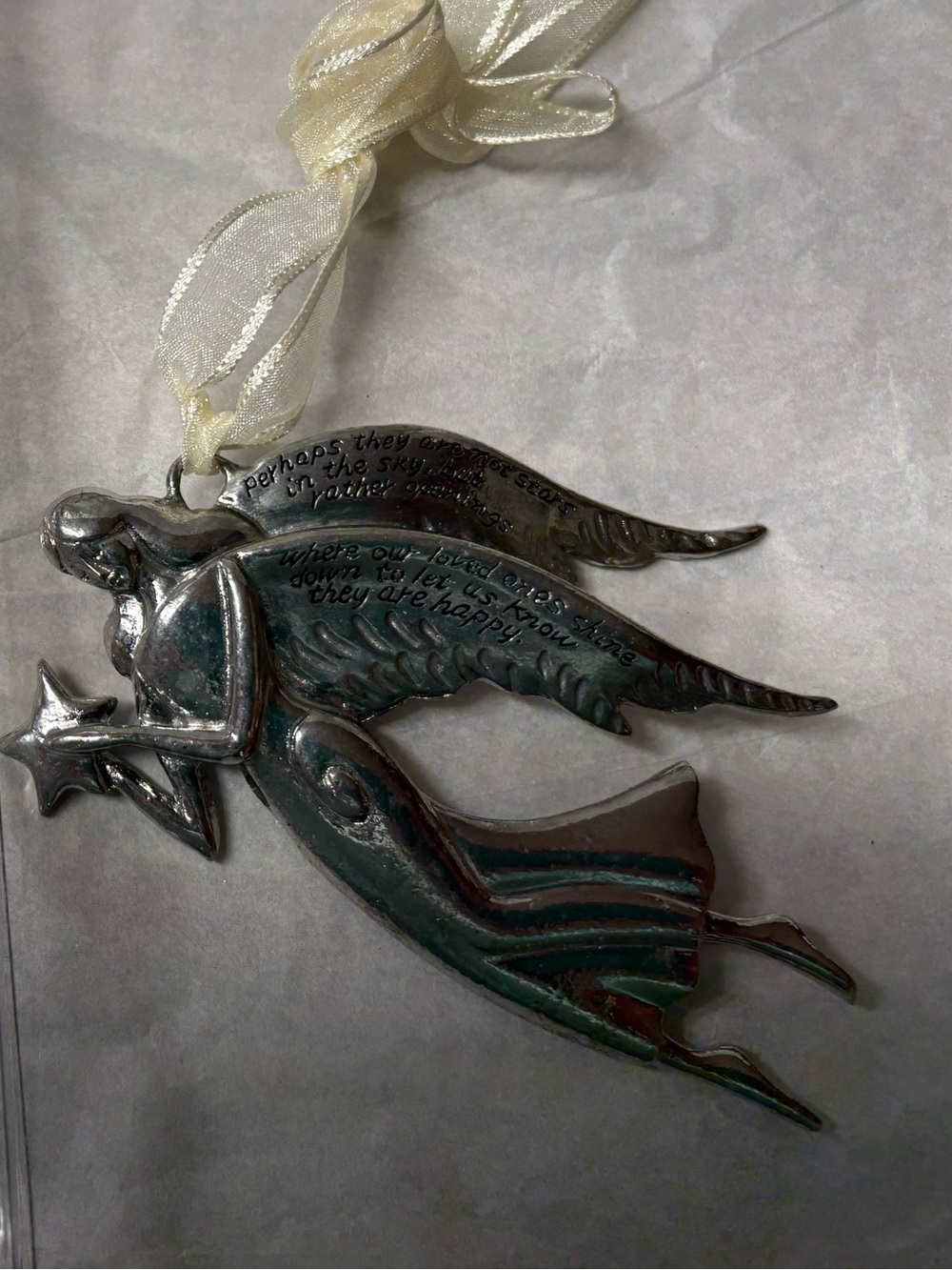 Silver Angel Holding a Star Holiday Ornament with Ribbon Hanger